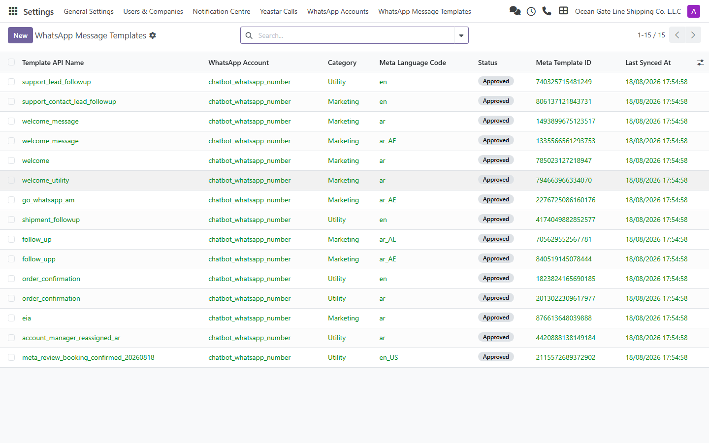 Ocean Gate CRM WhatsApp template management